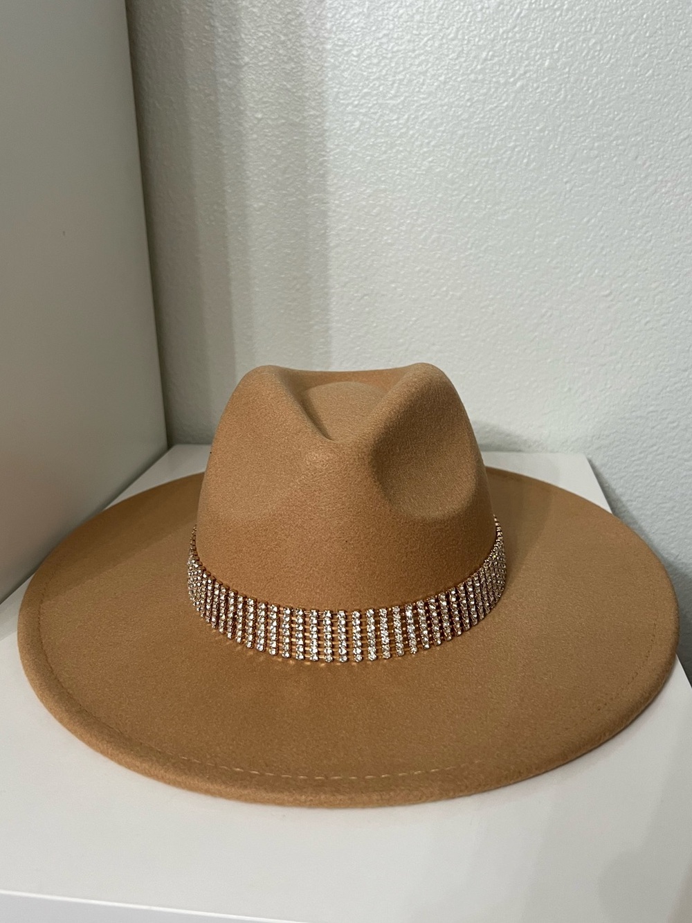 Women's New Tan Wide Brim Felt Fedora with Crystal Band